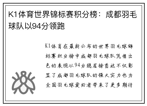 K1体育世界锦标赛积分榜：成都羽毛球队以94分领跑